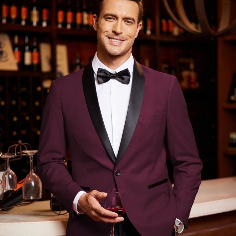 Elegant Burgundy Tuxedo with Black Satin Lapel